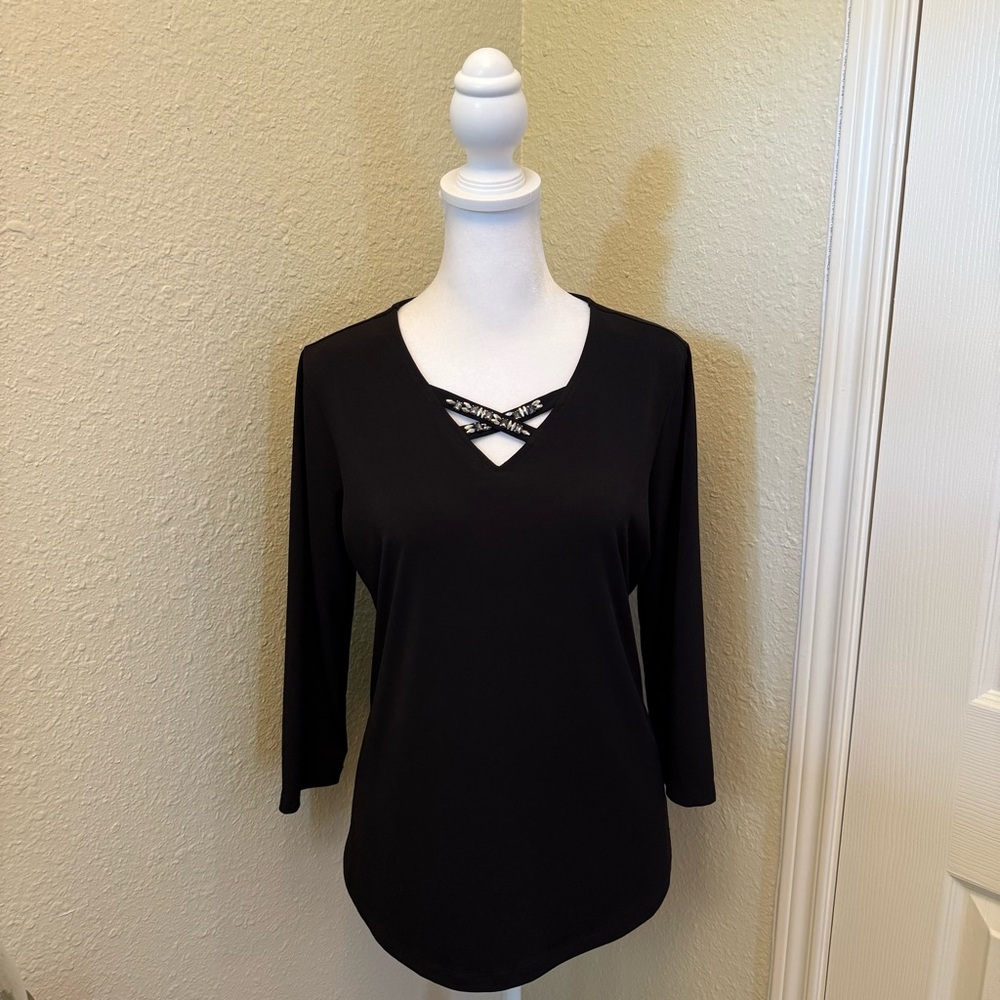 Susan Graver Artisan Rhinestone Crisscross Neckline Black Liquid Knit Top S